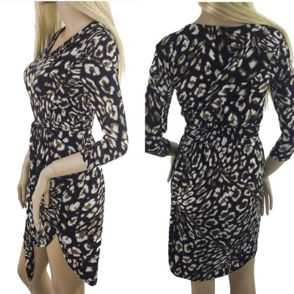 NWT BCBGMAXAZRIA Leopard Print V-Neck Tulip Skirt Wrap Dress - Picture 4 of 12